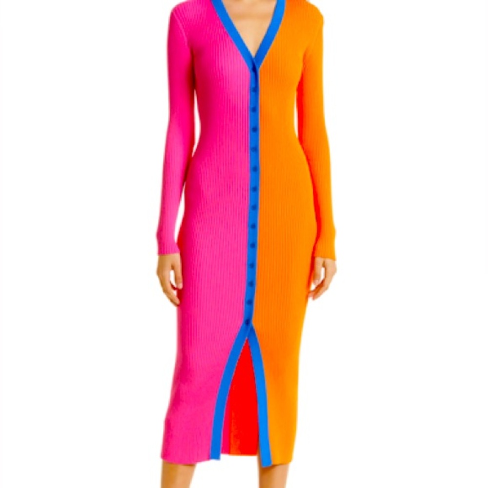 STAUD x Birkenstock Shoko Colorblock Ribbed Midi Dress Orange Hot Pink Medium